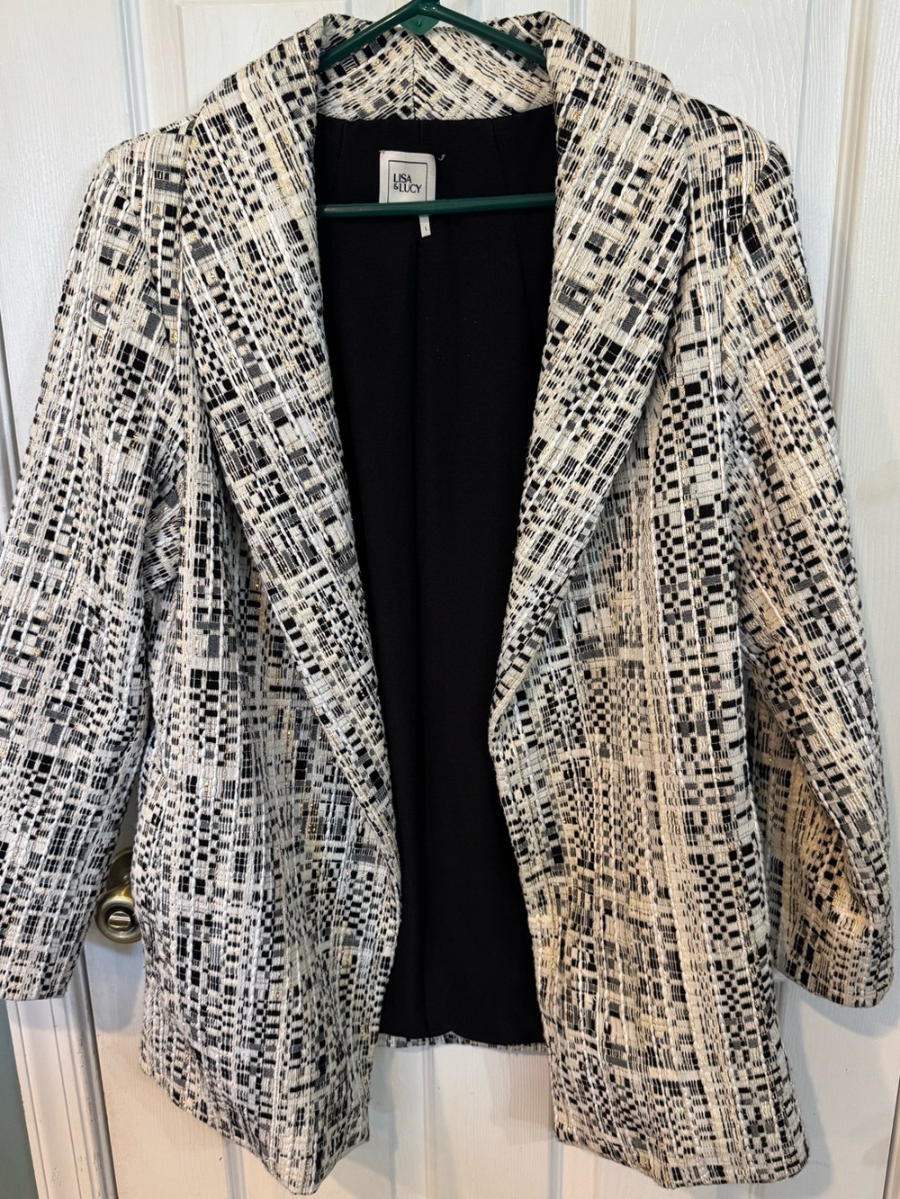 Black & White Textured Open-Front Blazer